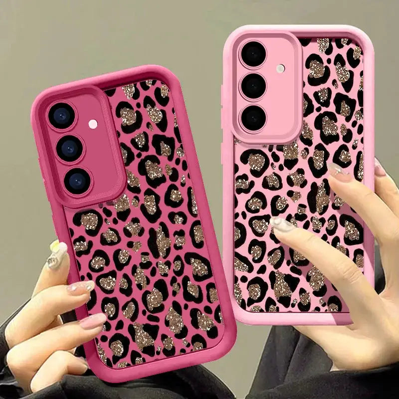 Simples Market brown leopard print TPU phone case, pink frame, for Samsung Galaxy models, two cases shown.