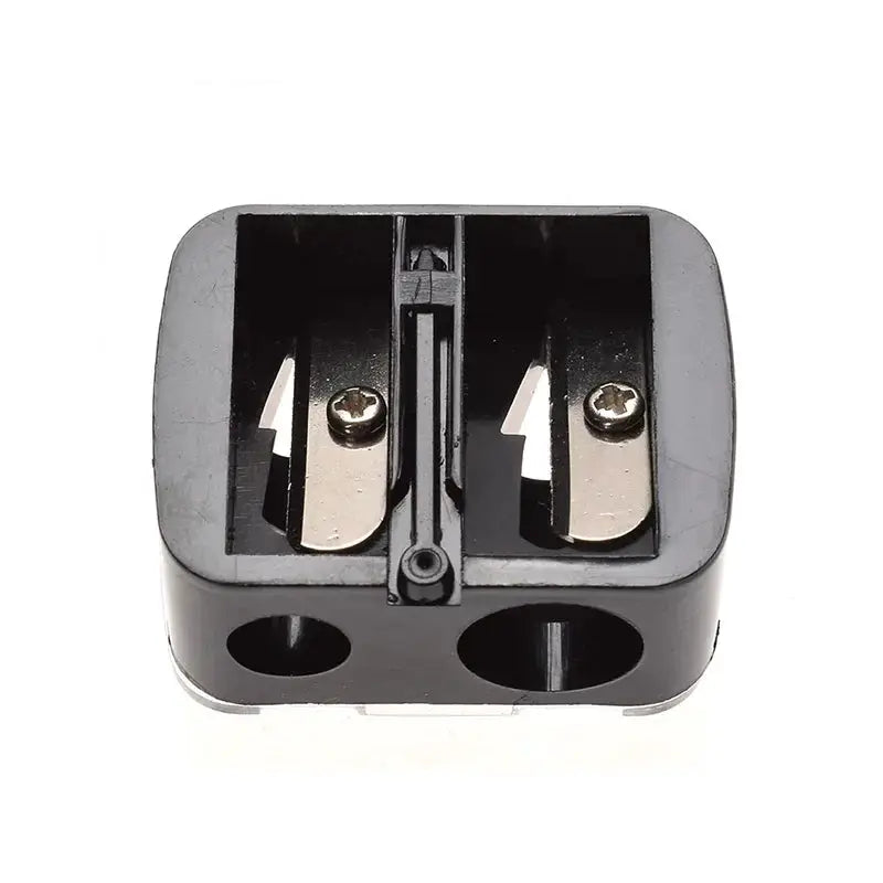 Black double-hole pencil sharpener for lipstick, eyebrow, and eyeliner pencils; plastic with metal blades.
