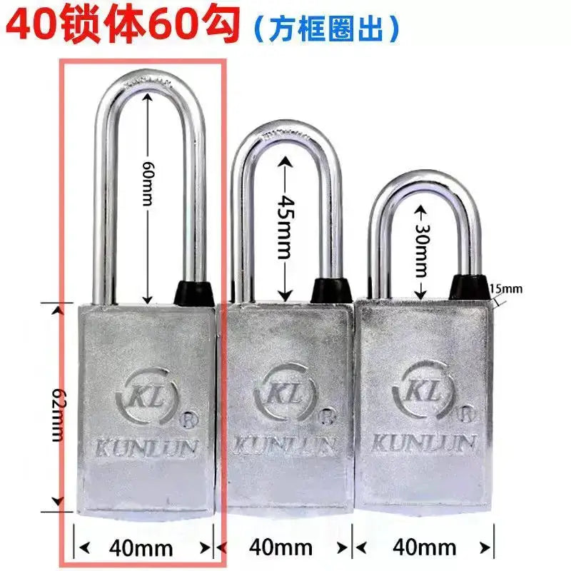 Padlock set: three silver metal padlocks with U-shaped shackles in varying heights (60mm, 45mm, 30mm)