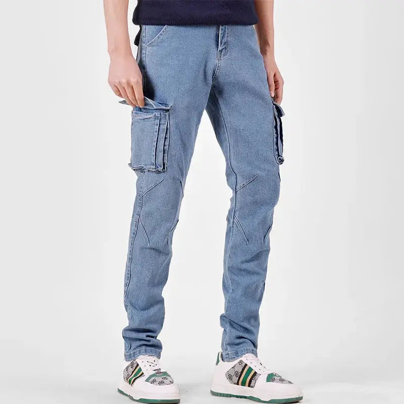 Men's denim cargo pants with elastic waist in light blue washed denim, multiple pockets, slim fit by Simples Market