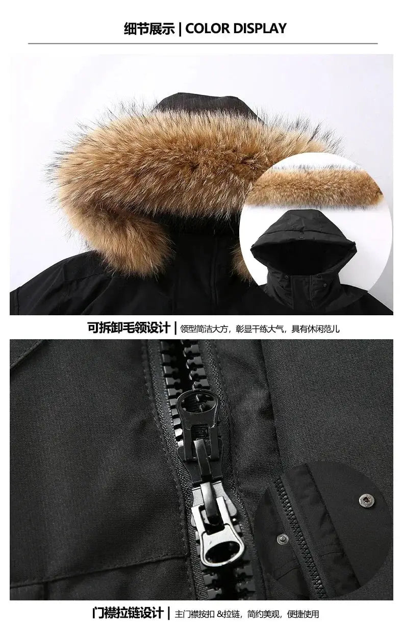 Men's black hooded duck-down parka with detachable fur collar, waterproof, dual-zipper front