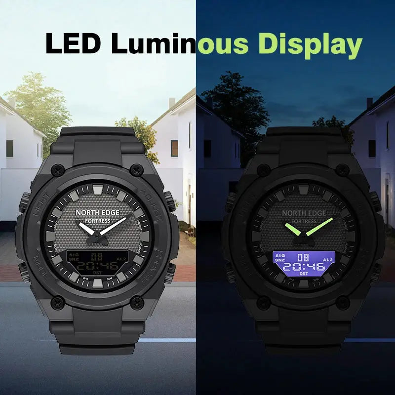North Edge Fortress 2026 men's digital watch, rugged black case with LED display (day/night view)