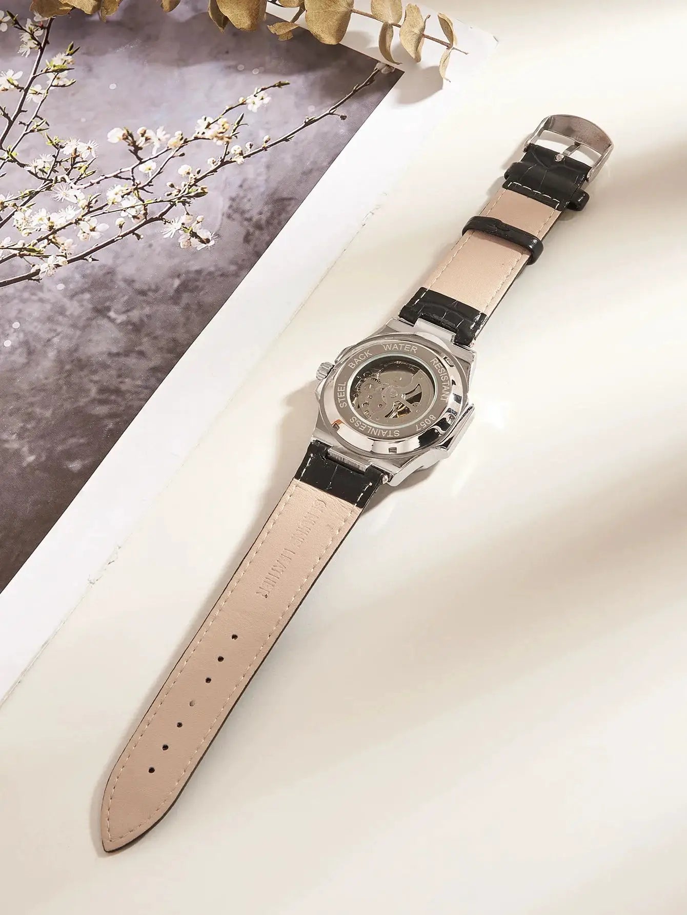 Men's Simples Market automatic skeleton watch with beige leather strap and stainless steel case