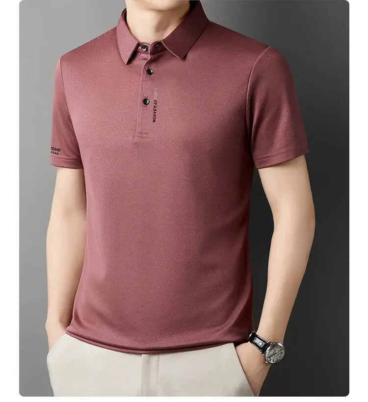 Polo shirt for men by Simples Market, ice silk fabric in rose pink, short sleeve casual golf top.