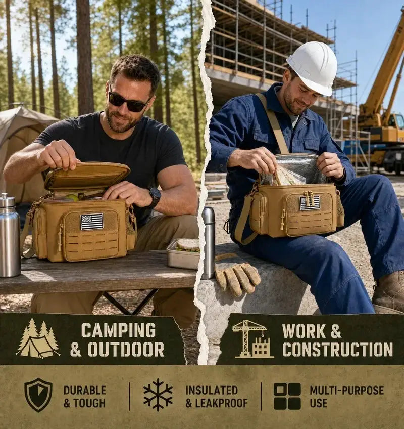 13L tactical thermal lunch bag by Simples Market, tan insulated leakproof cooler for camping and work; two bags shown.