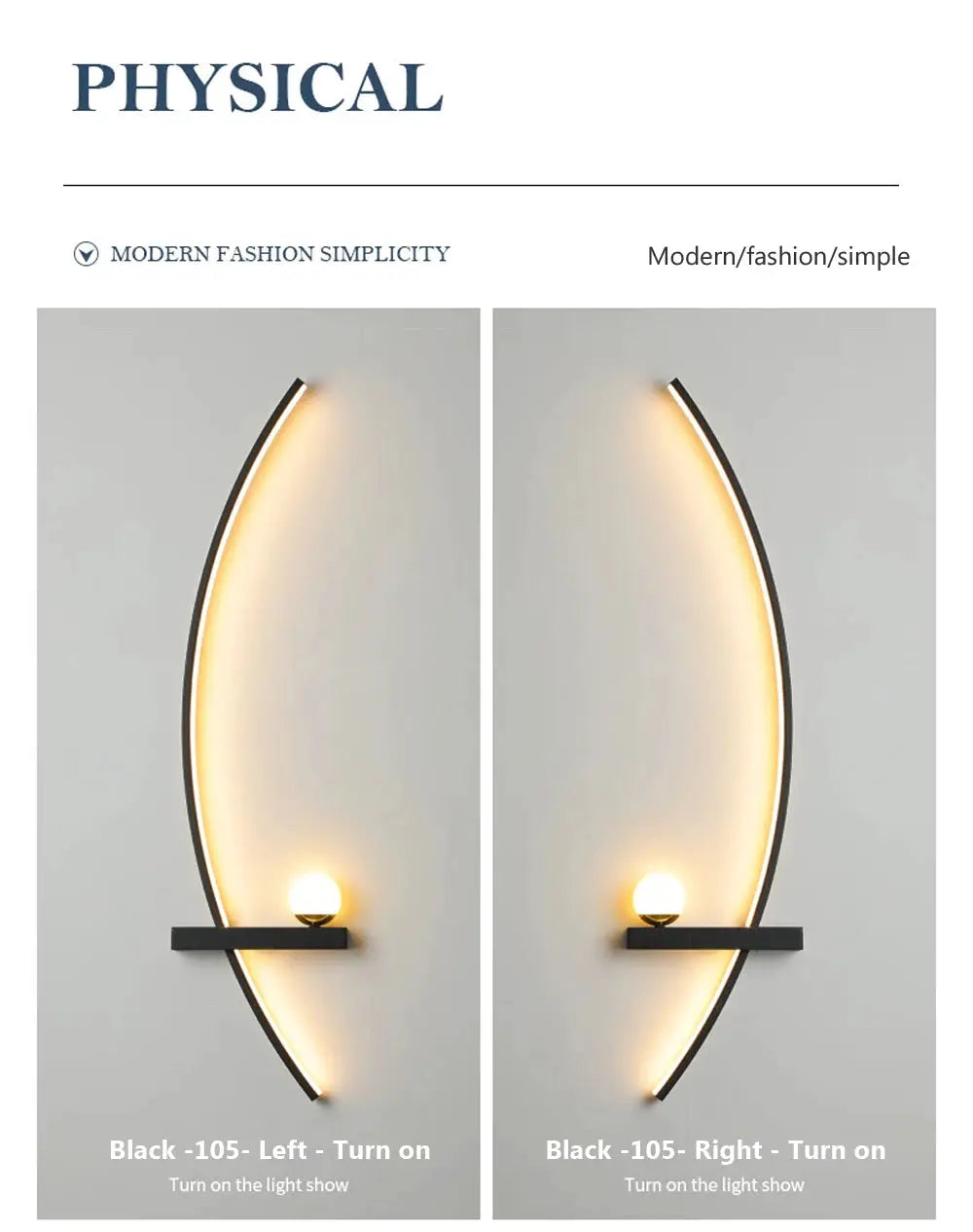 Two black curved LED wall lamps with a shelf and globe bulbs for a modern minimalist look.
