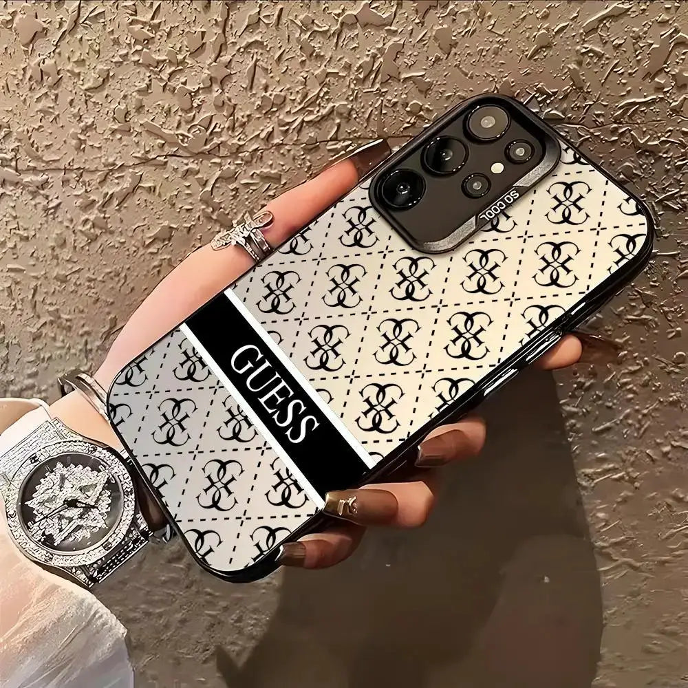 GUESS patterned phone case for Samsung Galaxy phones, white with black GUESS logo grid and a bold black stripe