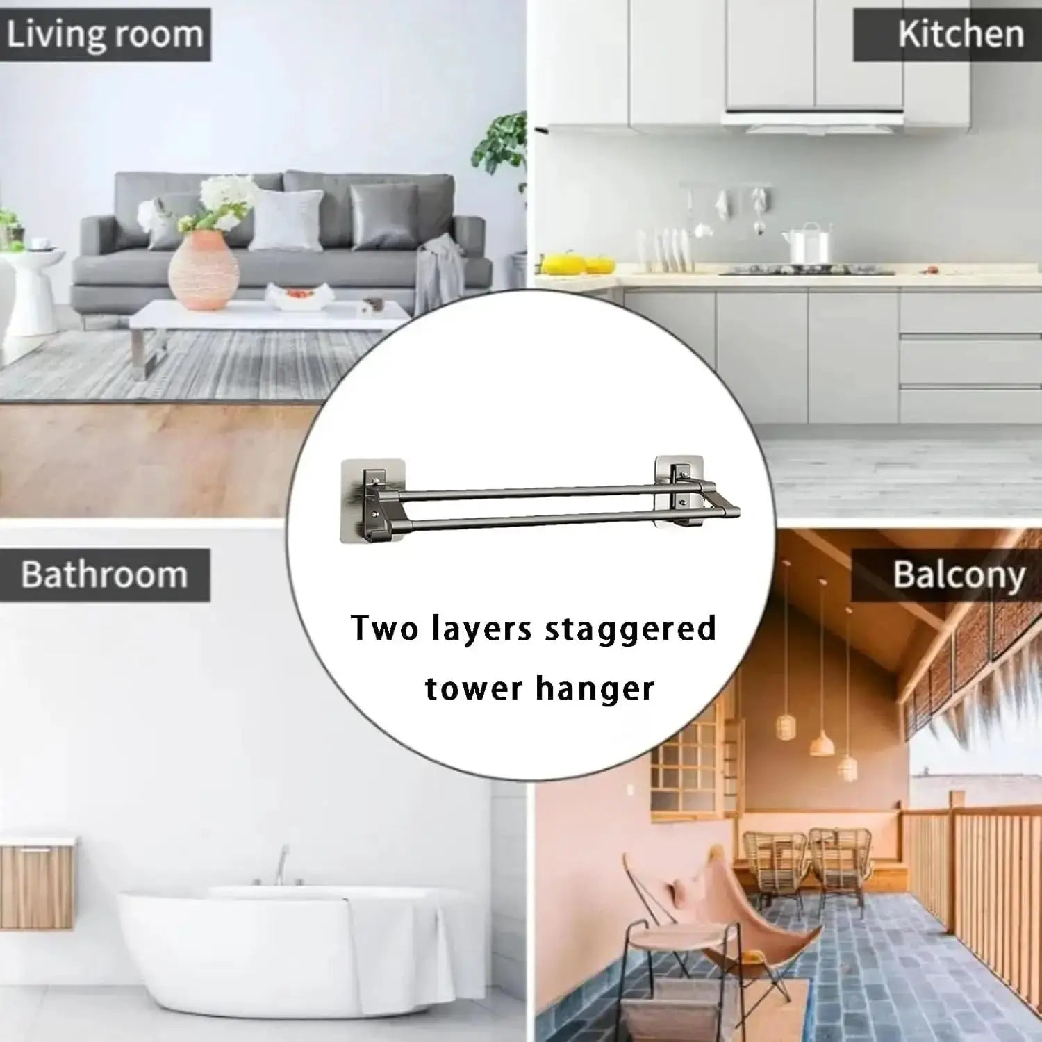 NovaWall Wall Mounted Towel Rack With Two Bars No Drill Installation For Bathroom And Kitchen