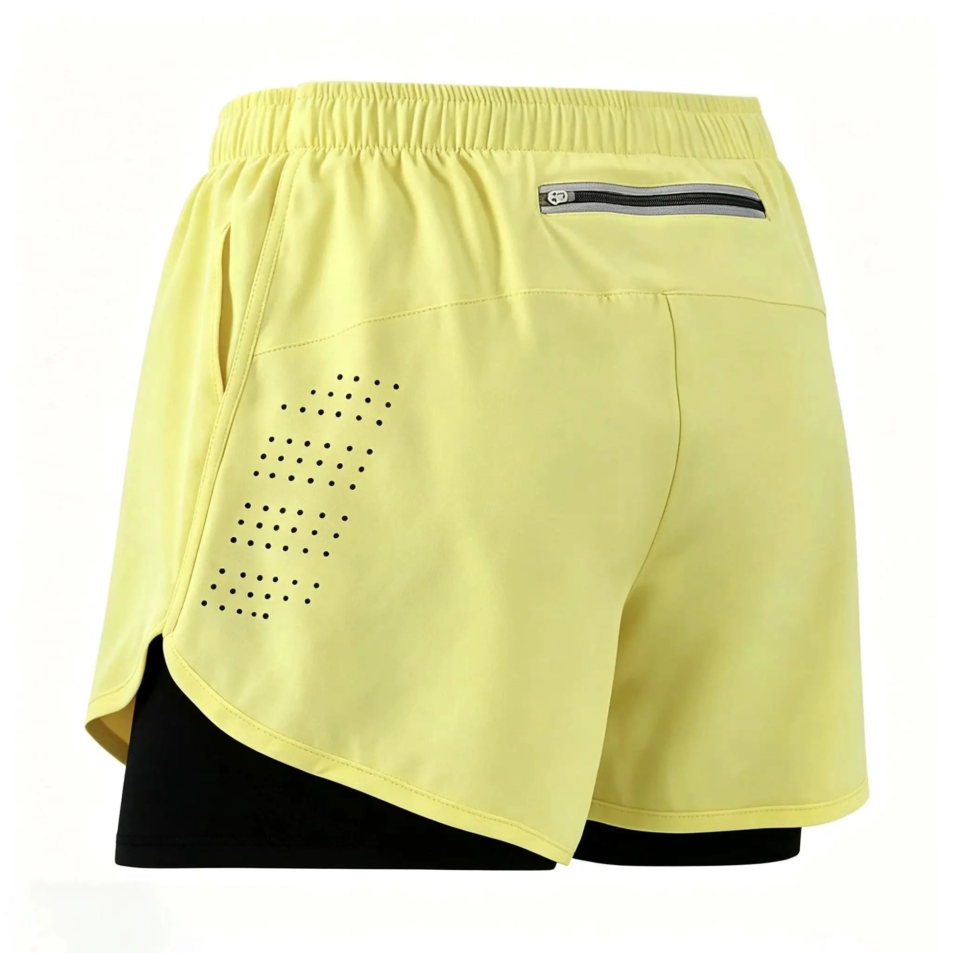 Men's 2-in-1 yellow quick-drying double-layer shorts with black inner lining; zip pocket and perforated panel.