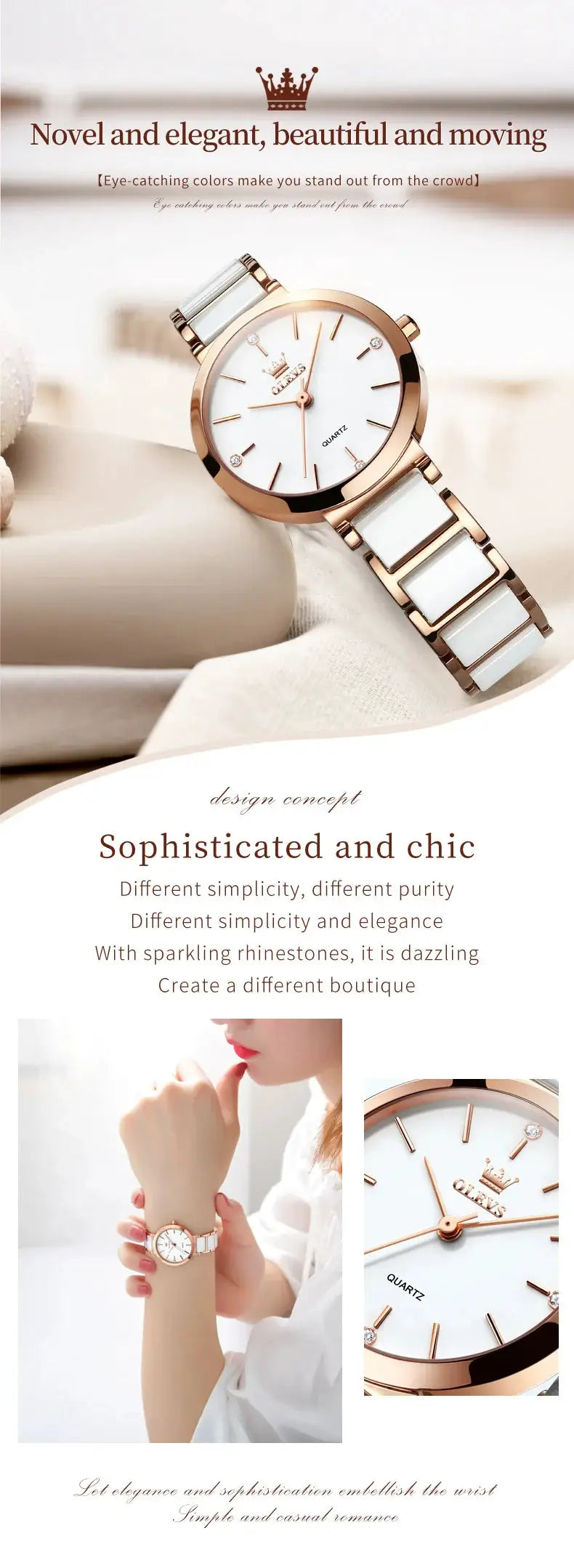 OLEVS women's fashion watch with rose-gold case and white ceramic link bracelet, quartz movement.