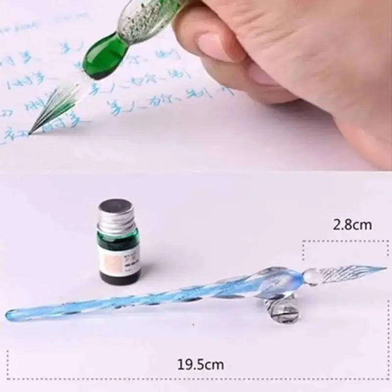 Crystal glass dipping pen set by Simples Market with blue twisted glass shaft and ink bottle.