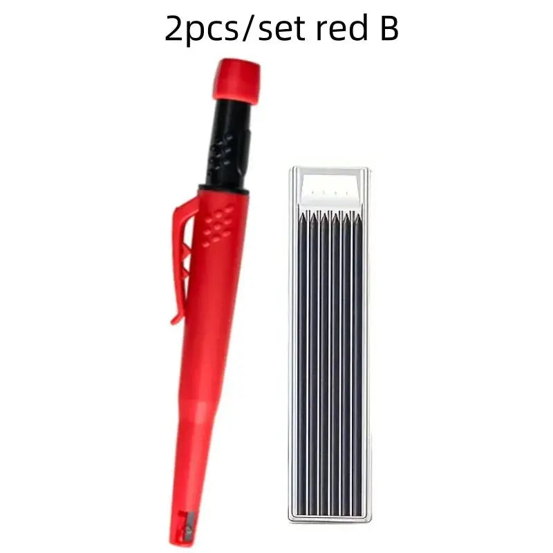 Carpenter pencil set (2pc) by Simples Market: red 2.8mm deep-hole pencil with built-in sharpener and refills
