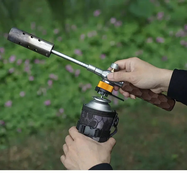 Simples Market butane adapter with bracket for camping stove, connected to a gas canister.