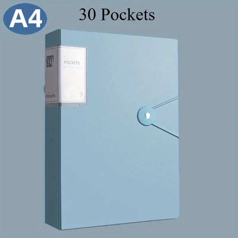 Blue A4 30-pocket portfolio binder for designers, architects, and students, durable document organizer.