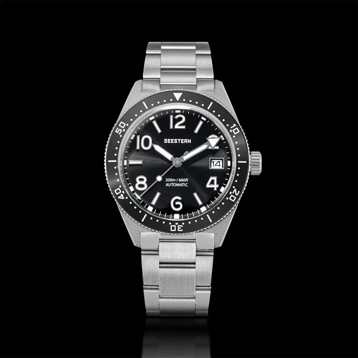 SEESTERN Diver Mens Watch, stainless steel bracelet, black dial, automatic NH35A, 200m water resistant
