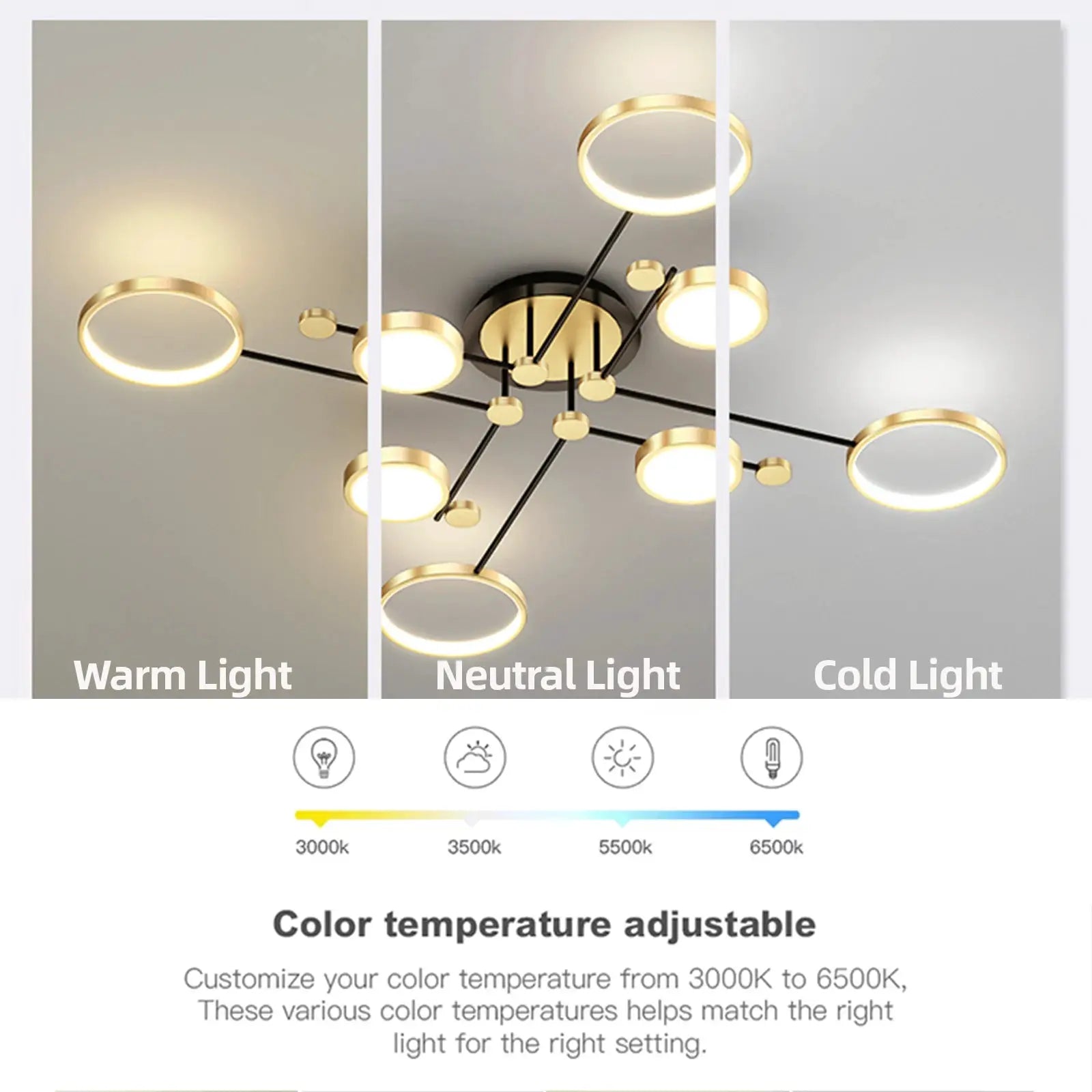 Simples Market modern LED chandelier; gold ceiling hanging lamp with circular rings, color-temperature adjustable.