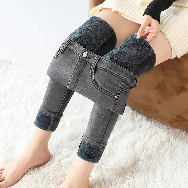 Women Thermal Jeans Fleece Lined Warm Stretch Slim Fit Pants Korean