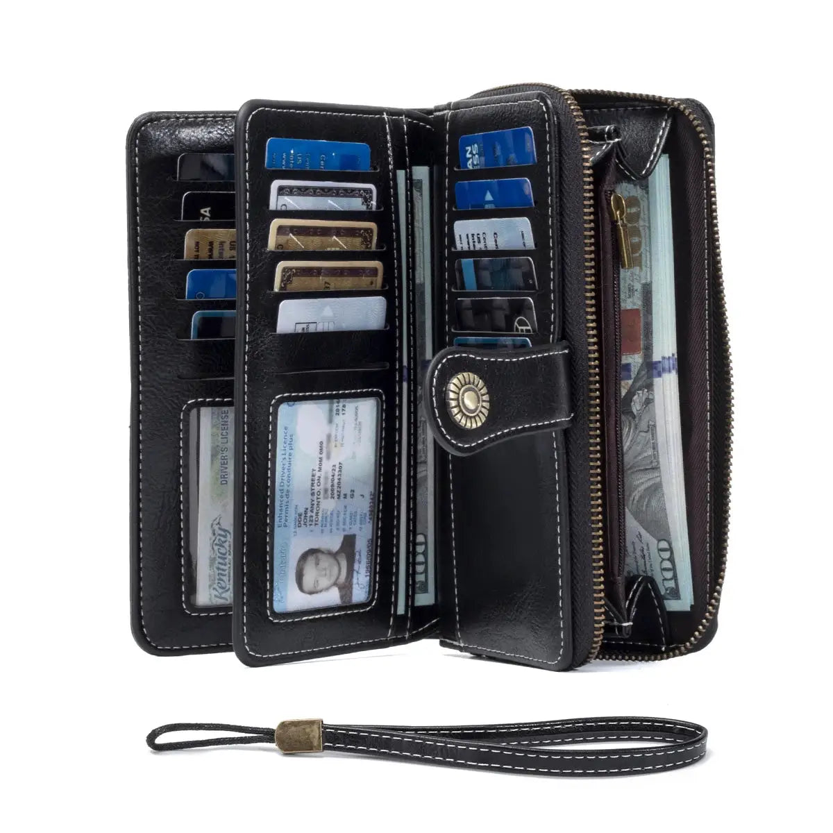 Long RFID wallet clutch by Simples Market with black oil-waxed leather, multiple card slots and zip coin pocket