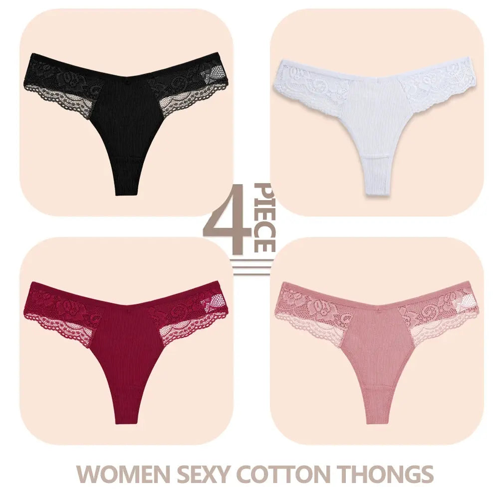 4-piece Simples Market women's cotton lace thong set in black, white, burgundy and pink.