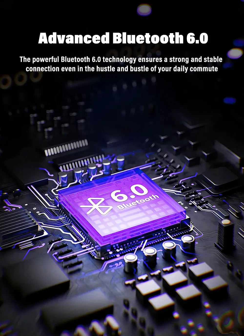 Wireless headphones by Simples Market shown with a purple Bluetooth 6.0 chipset on a circuit board
