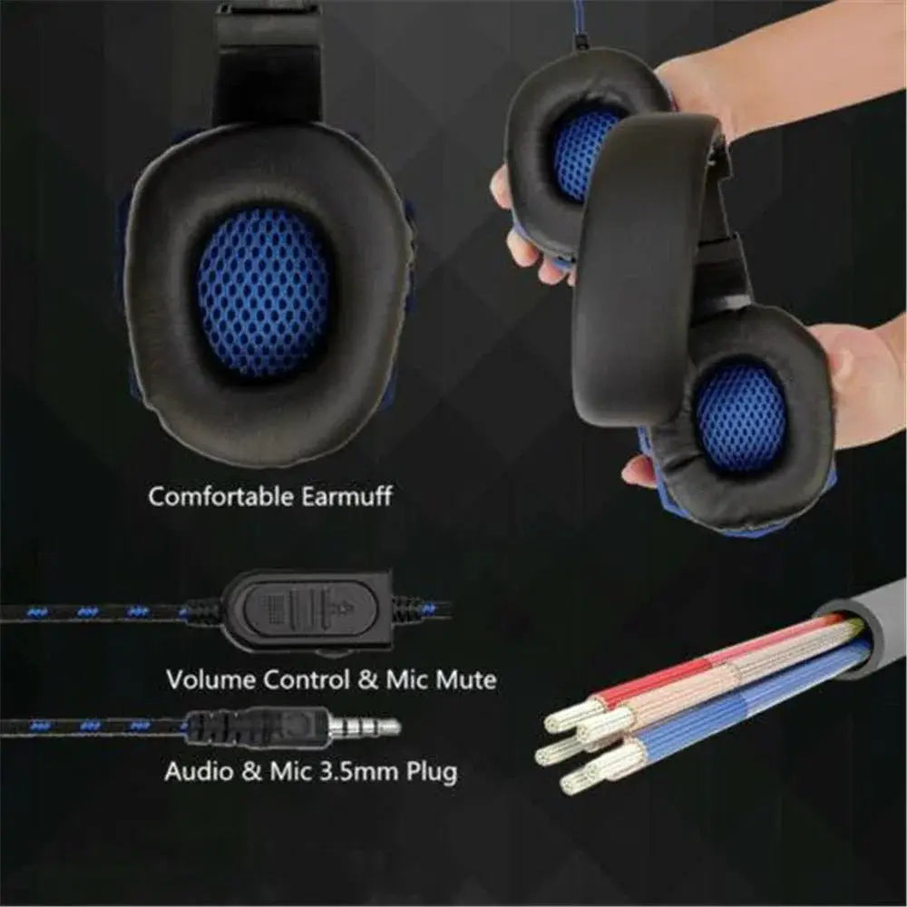 3.5mm wired gaming headset with microphone, black with blue cushioned ear pads