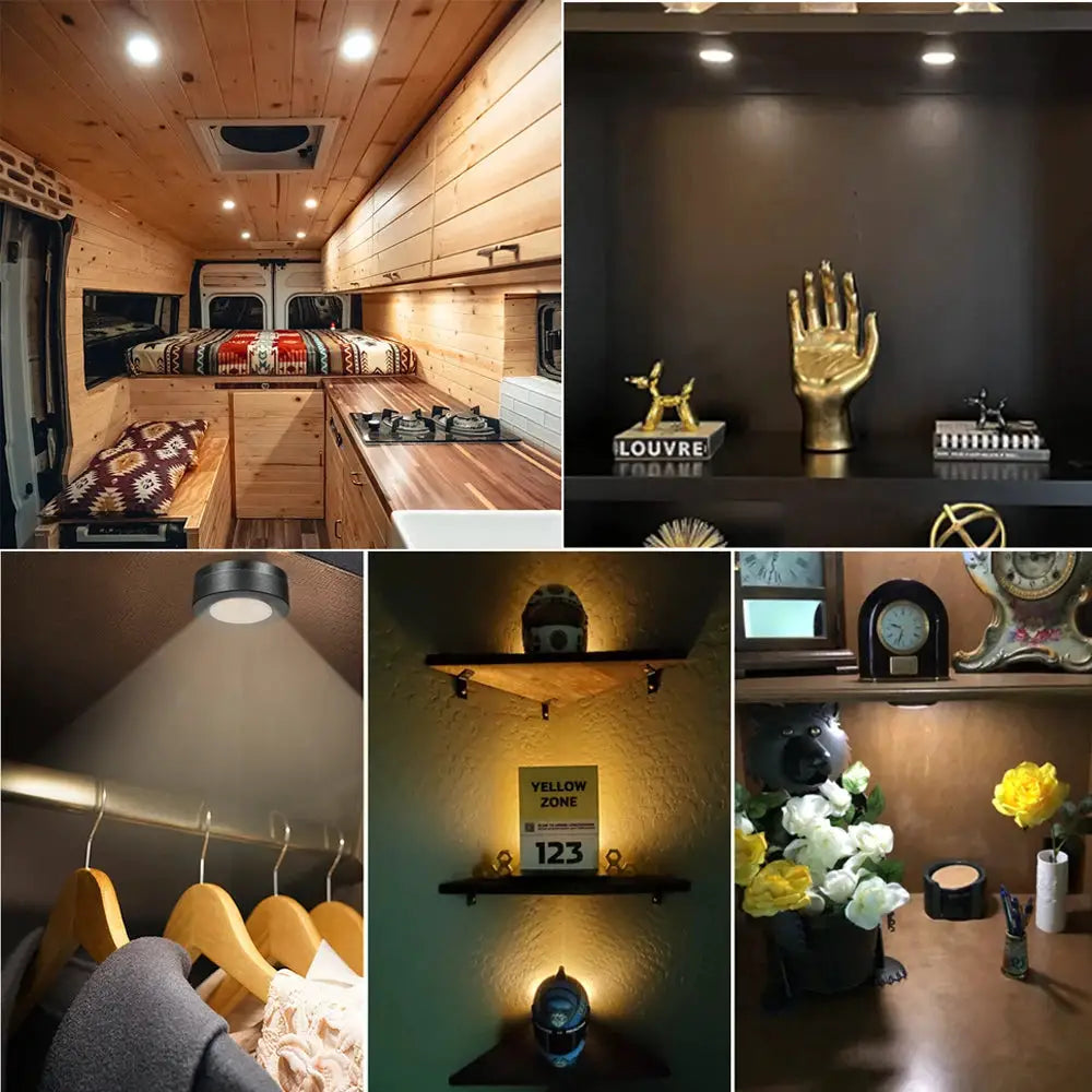 Simples Market black round LED under-cabinet light; dimmable CCT 3000–6500K with remote for wardrobe/closet (1–6 pcs).