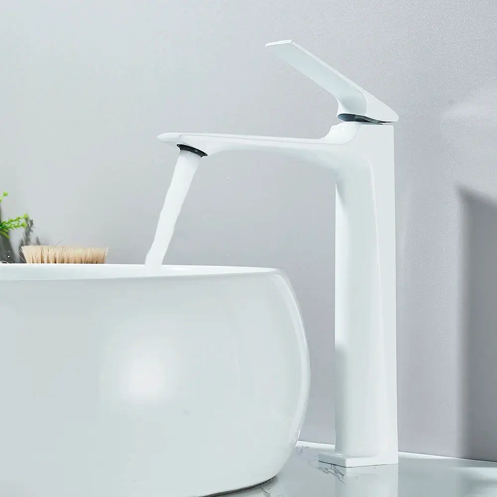 Bathroom sink faucet, white deck-mounted mixer tap with a single lever.