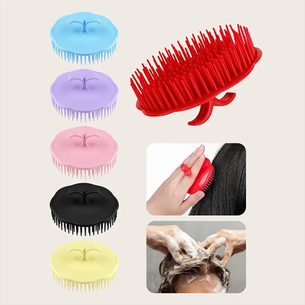 Head wash scalp massage brush set by Simples Market; 6 silicone circular brushes in colors with a red curved brush.