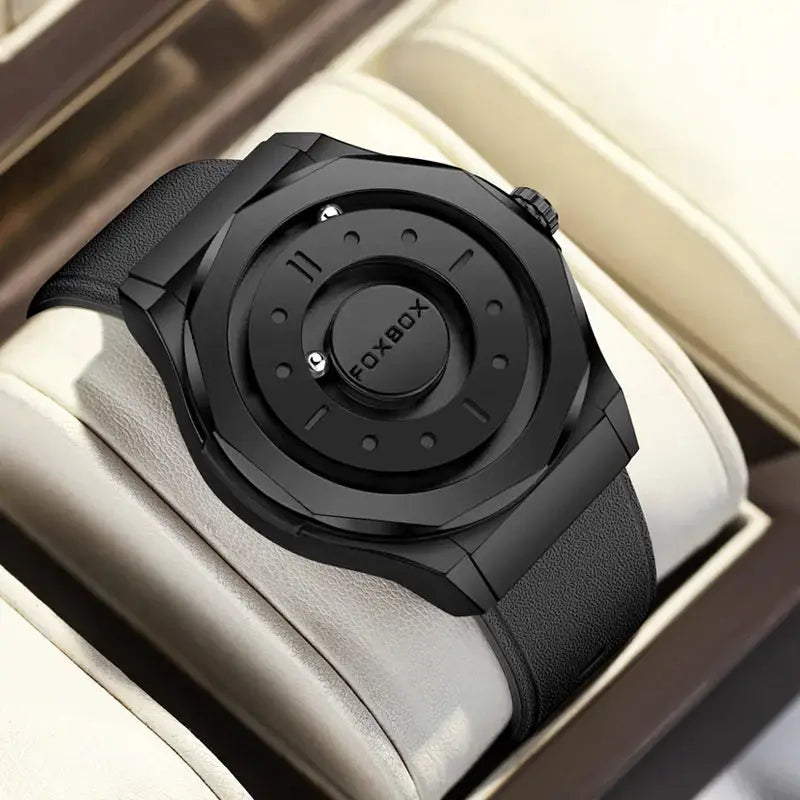FOXBOX black men's watch with stainless steel case and black textured strap in display box
