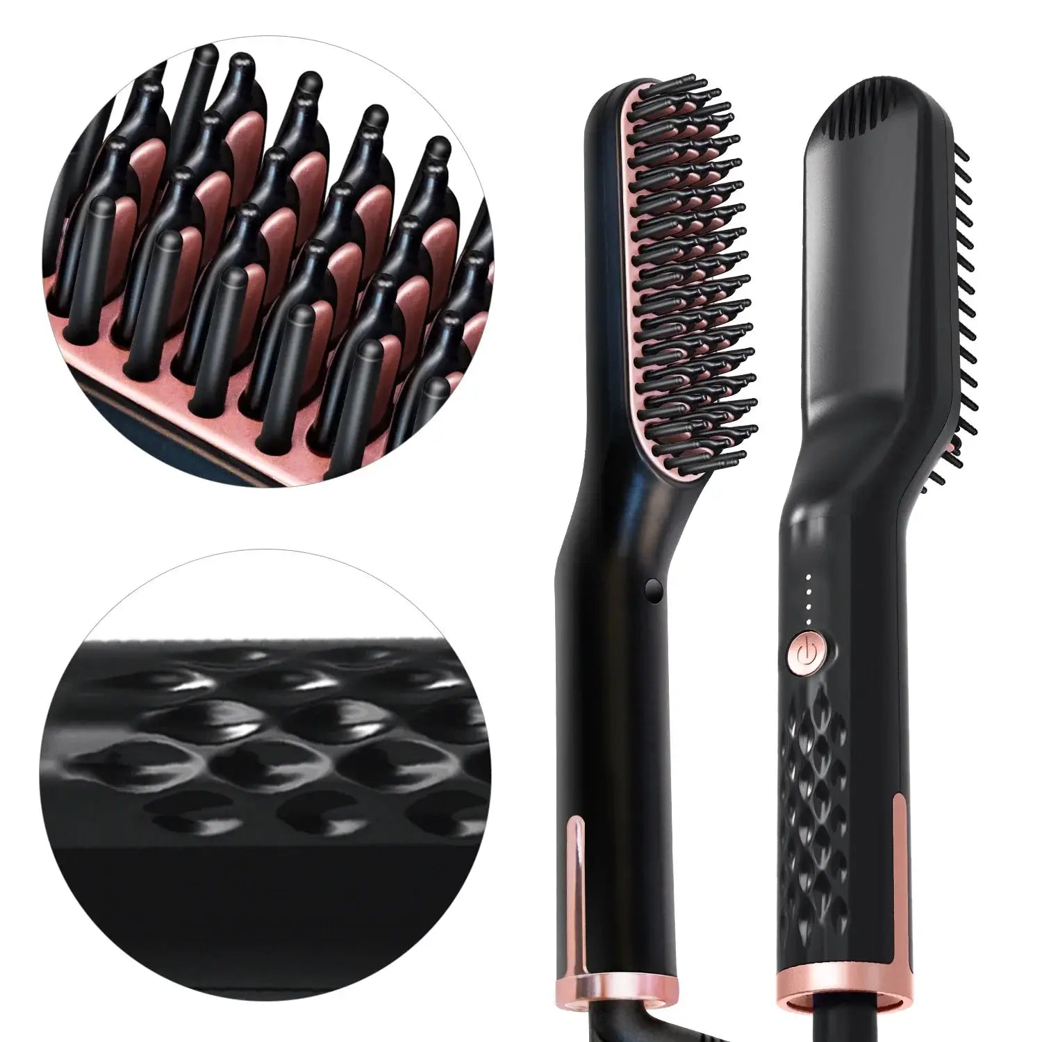 Men's electric beard straightener brush with pink base and black bristles, rose-gold accents