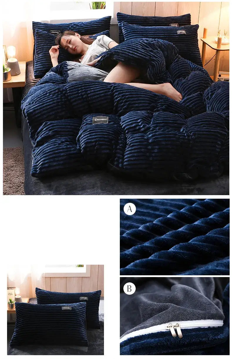 Simples Market 3pc navy blue coral fleece duvet cover set with pillowcases