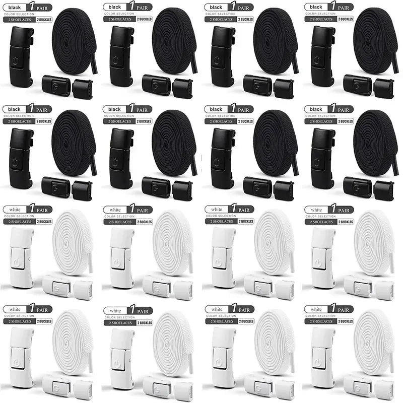 Simples Market 8mm no-tie press-lock shoelaces, elastic flat laces; 16 black and white pairs