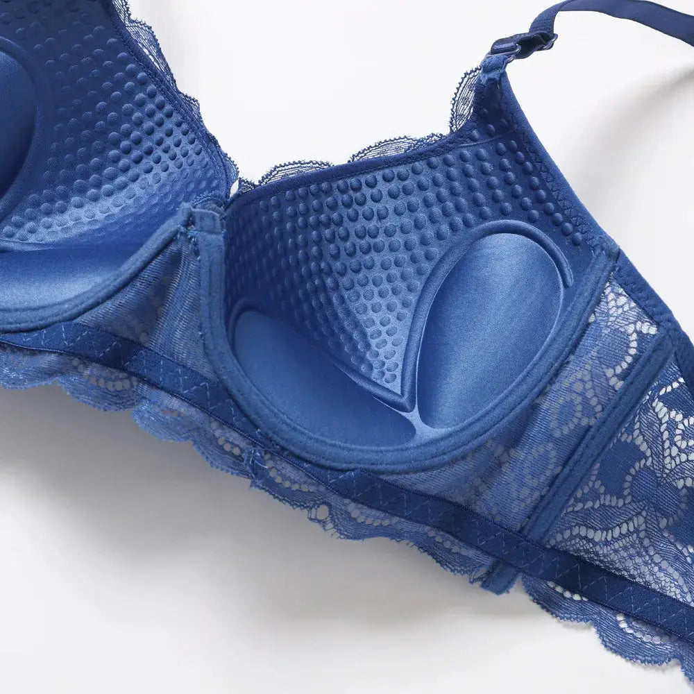 Push-up bra in blue with lace trim and padded cups