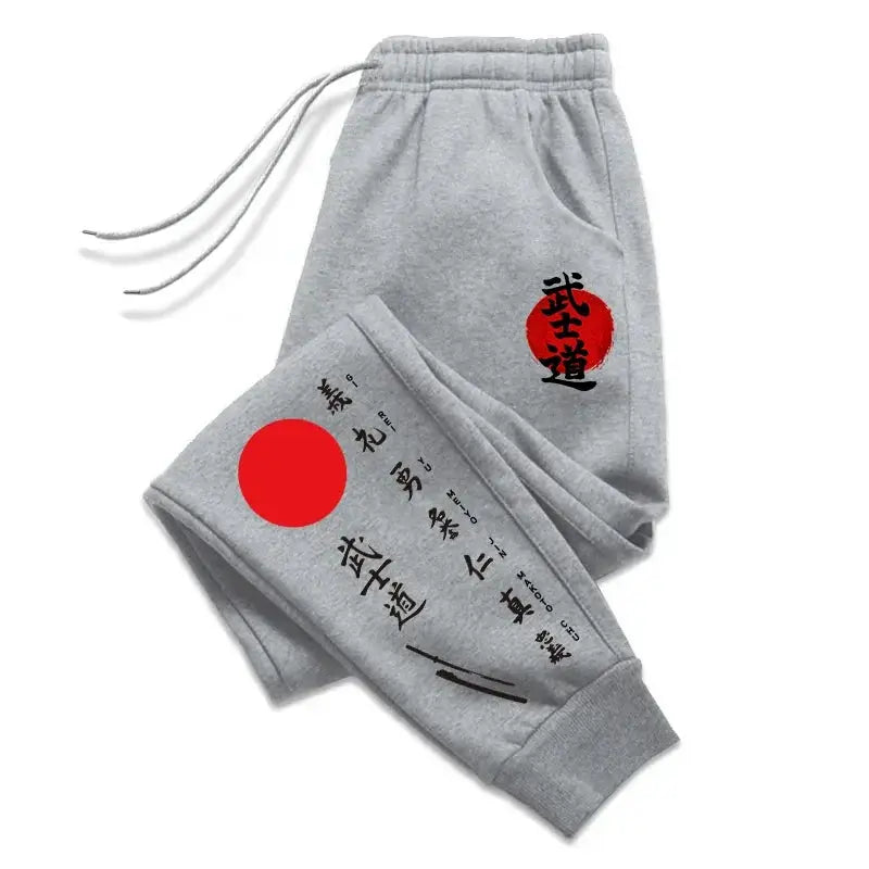 Bushido printed grey sweatpants with red circle and black kanji print; drawstring waist, men's casual jogger pants.