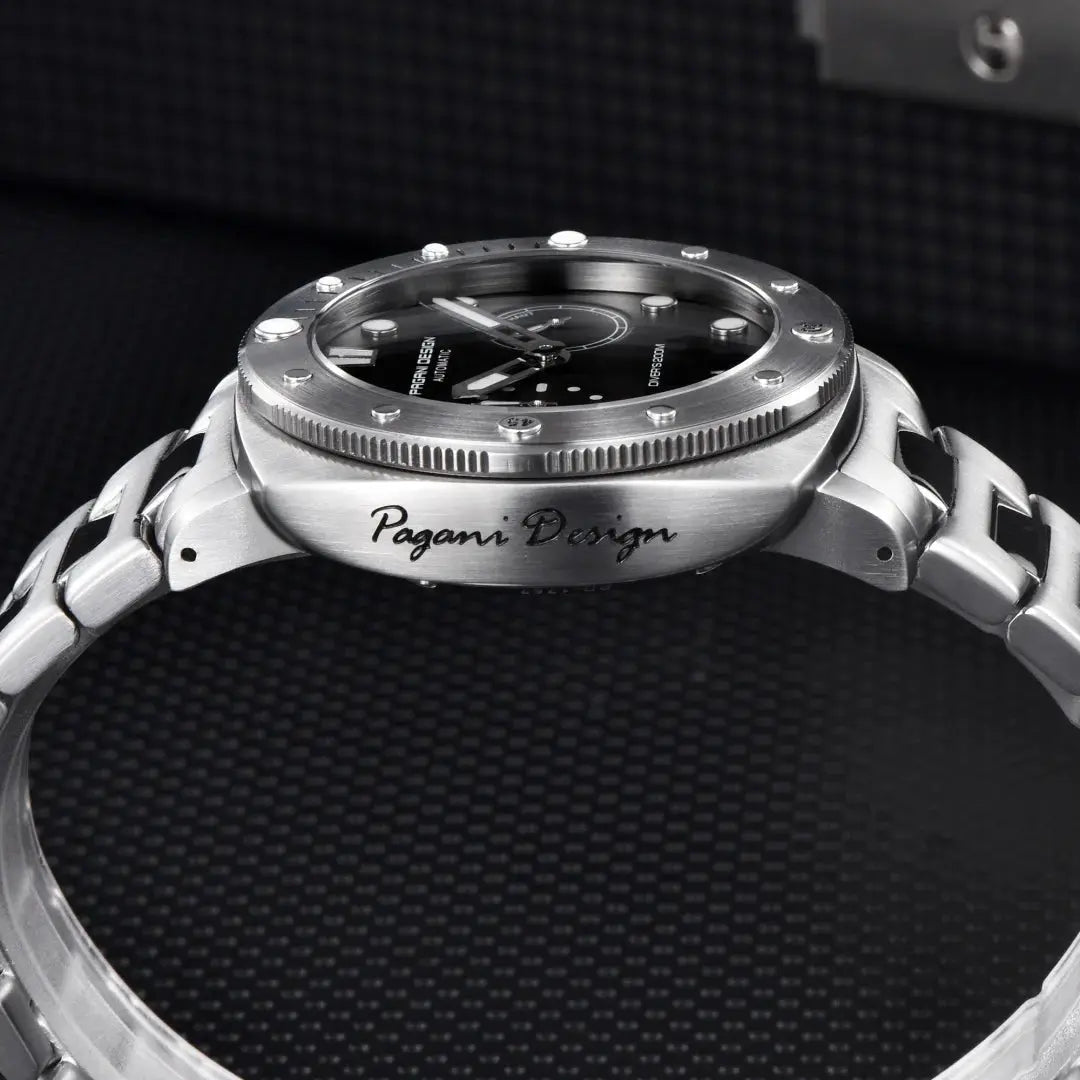 Pagani Design men's stainless steel automatic watch with black dial, AR sapphire, 200m water resistance