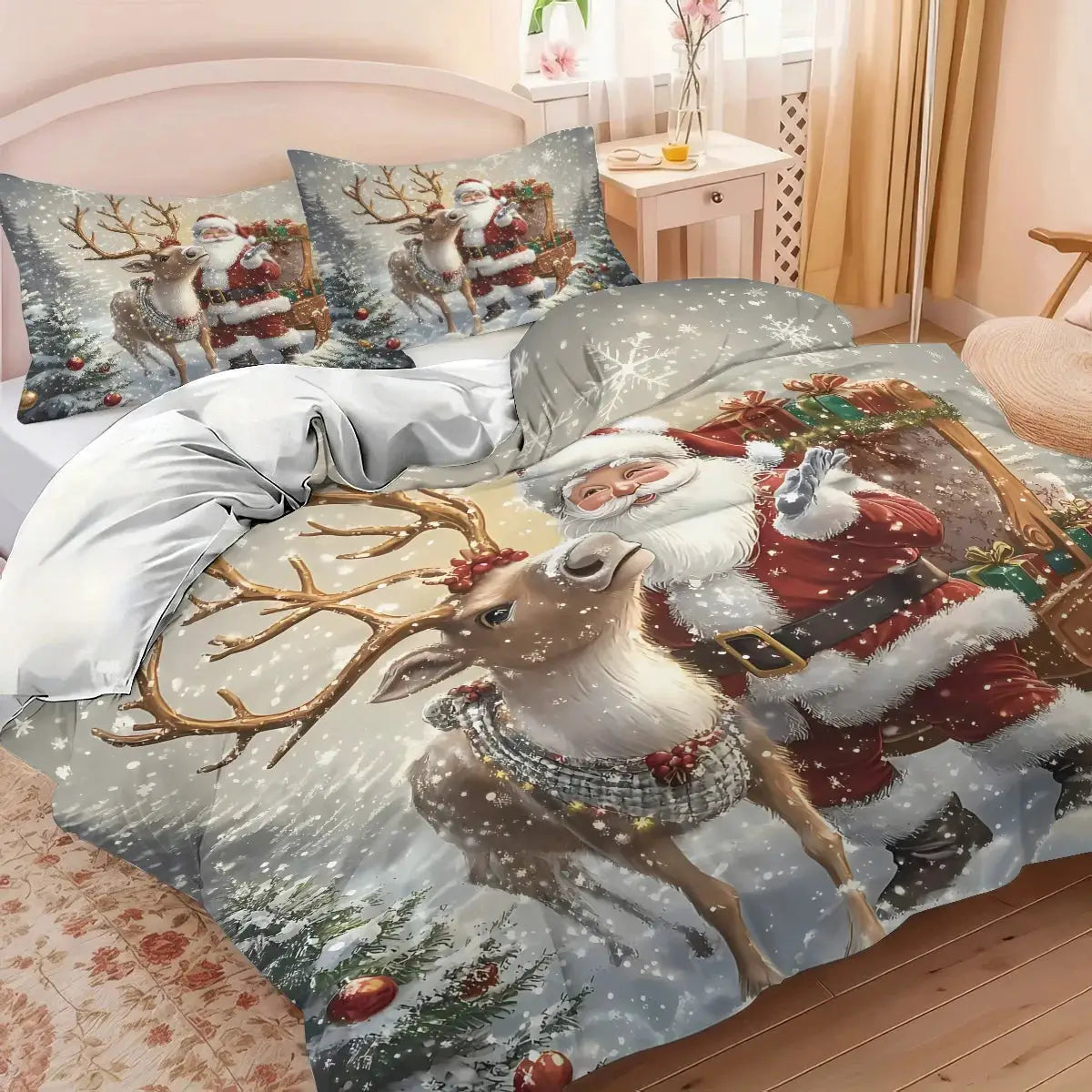 3pcs Santa Claus printed bedding set; duvet cover and 2 pillowcases, gray-blue winter reindeer design, machine washable