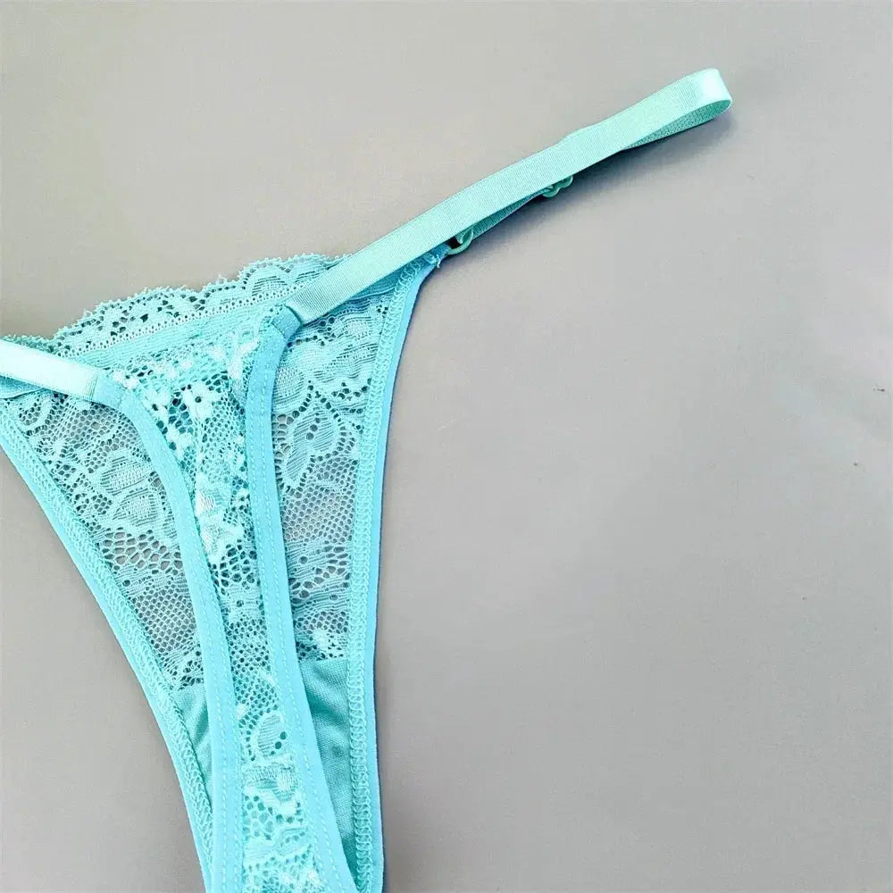 Turquoise lace thong underwear with adjustable waistband, low-rise T-back