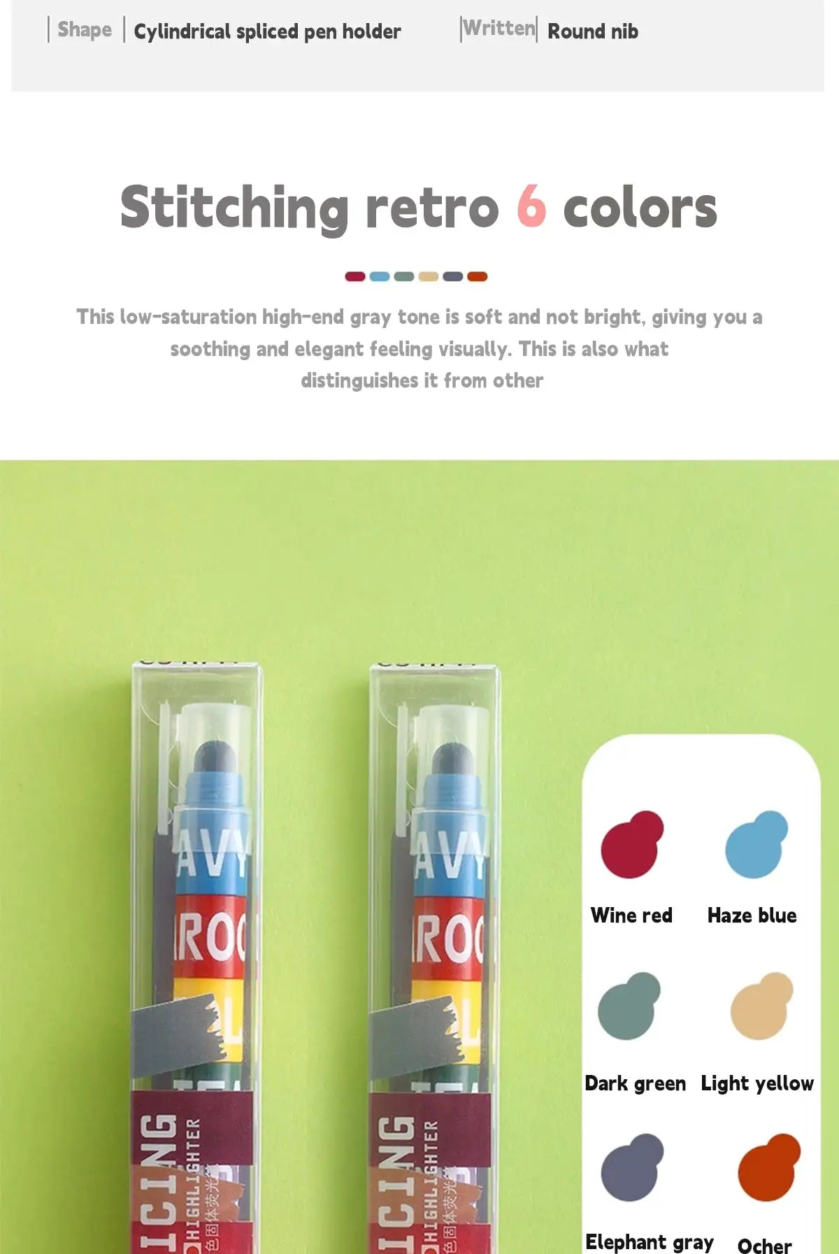 Simples Market 12-color splicing highlighter set; two cylindrical graffiti-style pens with color bands.