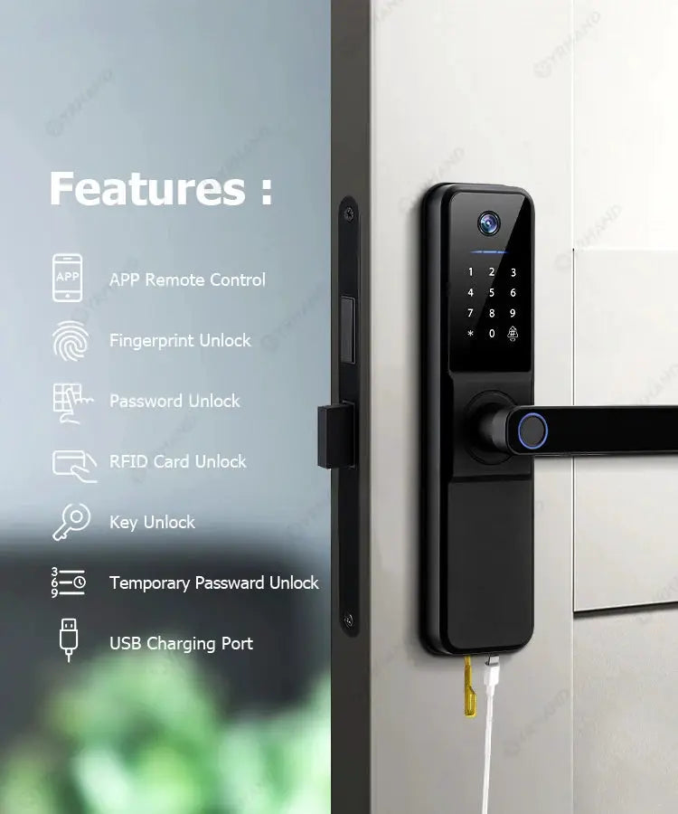 YRHAND H01 smart electronic door lock by Simples Market with biometric camera, fingerprint unlock, IP66, black