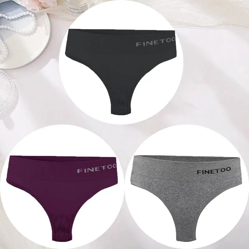 3-pack Finetoo women's seamless high-waist thong underwear set in black, plum, and gray