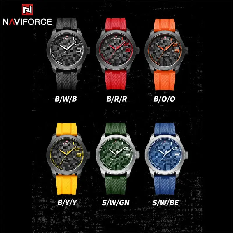 NAVIFORCE quartz men's wristwatch with silicone strap; six watches, black/red/orange/yellow/green/blue; 30ATM waterproof