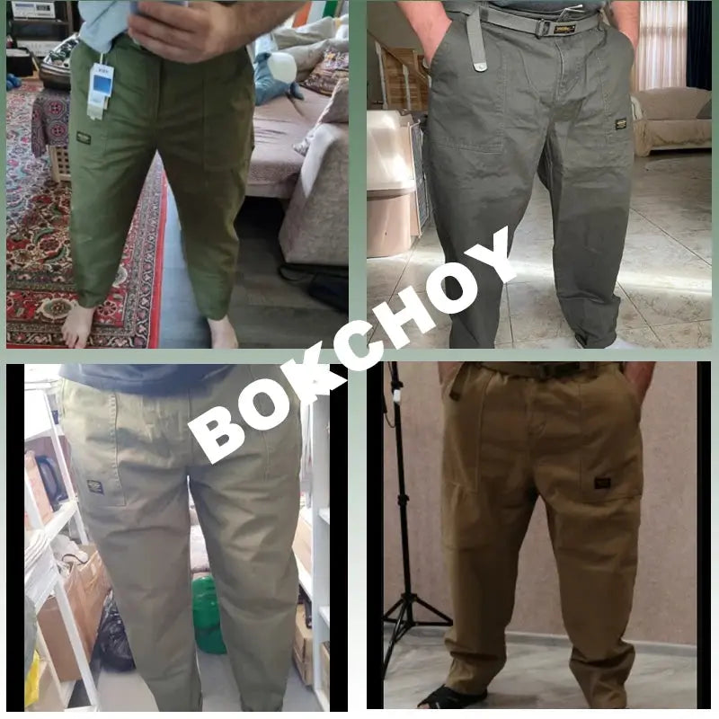 Simples Market men's cargo pants: four pure cotton pairs in olive, gray, khaki, and brown; mid-waist, relaxed fit.