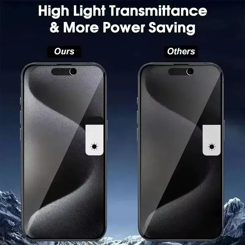 Full-cover privacy screen protector for iPhone shown on two devices in a side-by-side Ours vs Others comparison