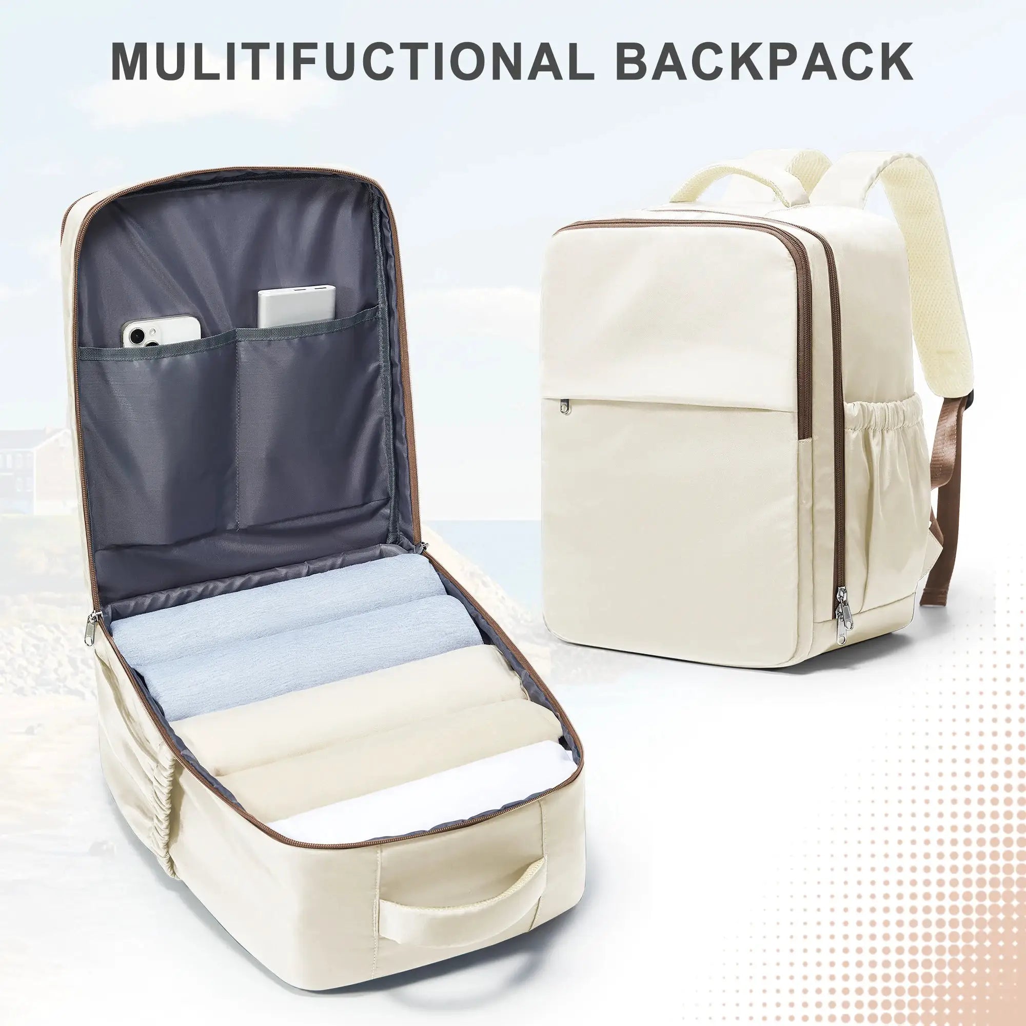 Cabin travel backpacks pair by Simples Market, beige and navy, 40x30x20 with interior pockets
