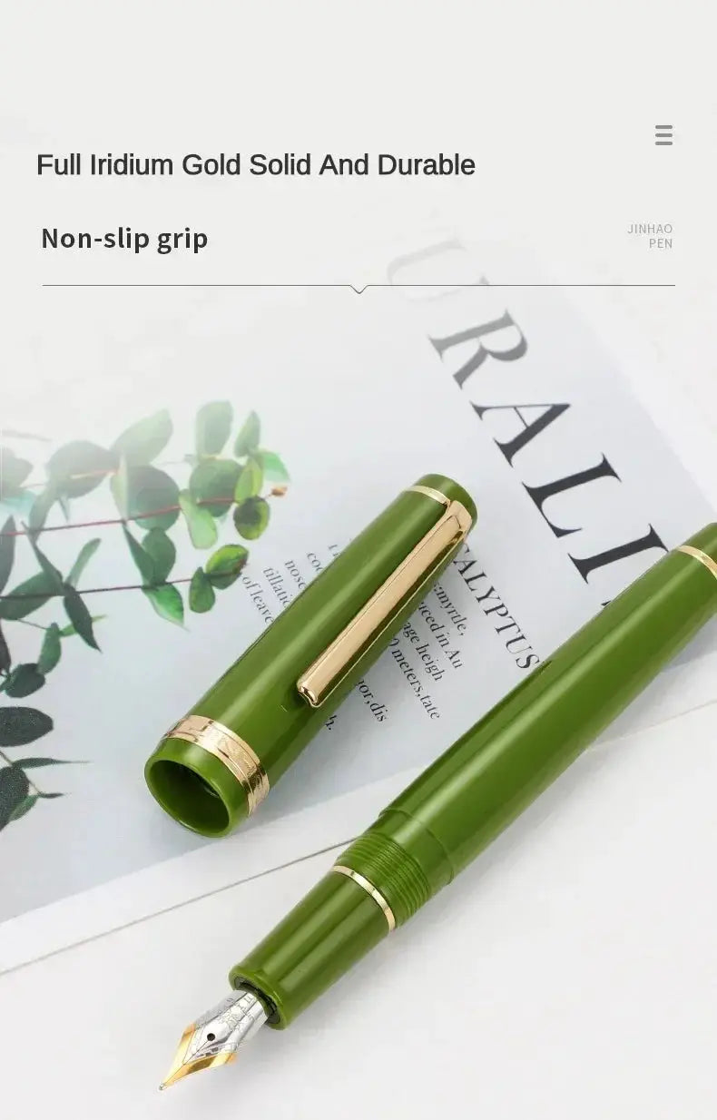 Jinhao 82 green fountain pen with gold trim and clip, cap off and nib visible