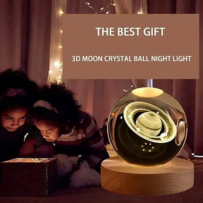 3D crystal ball night light on a wooden base with laser-engraved solar system globe by Simples Market