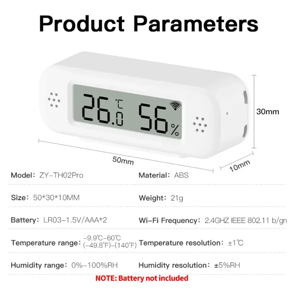 Tuya WiFi mini thermometer hygrometer by Simples Market, ABS shell, 50mm×30mm×10mm, reads 26°C and 56% RH
