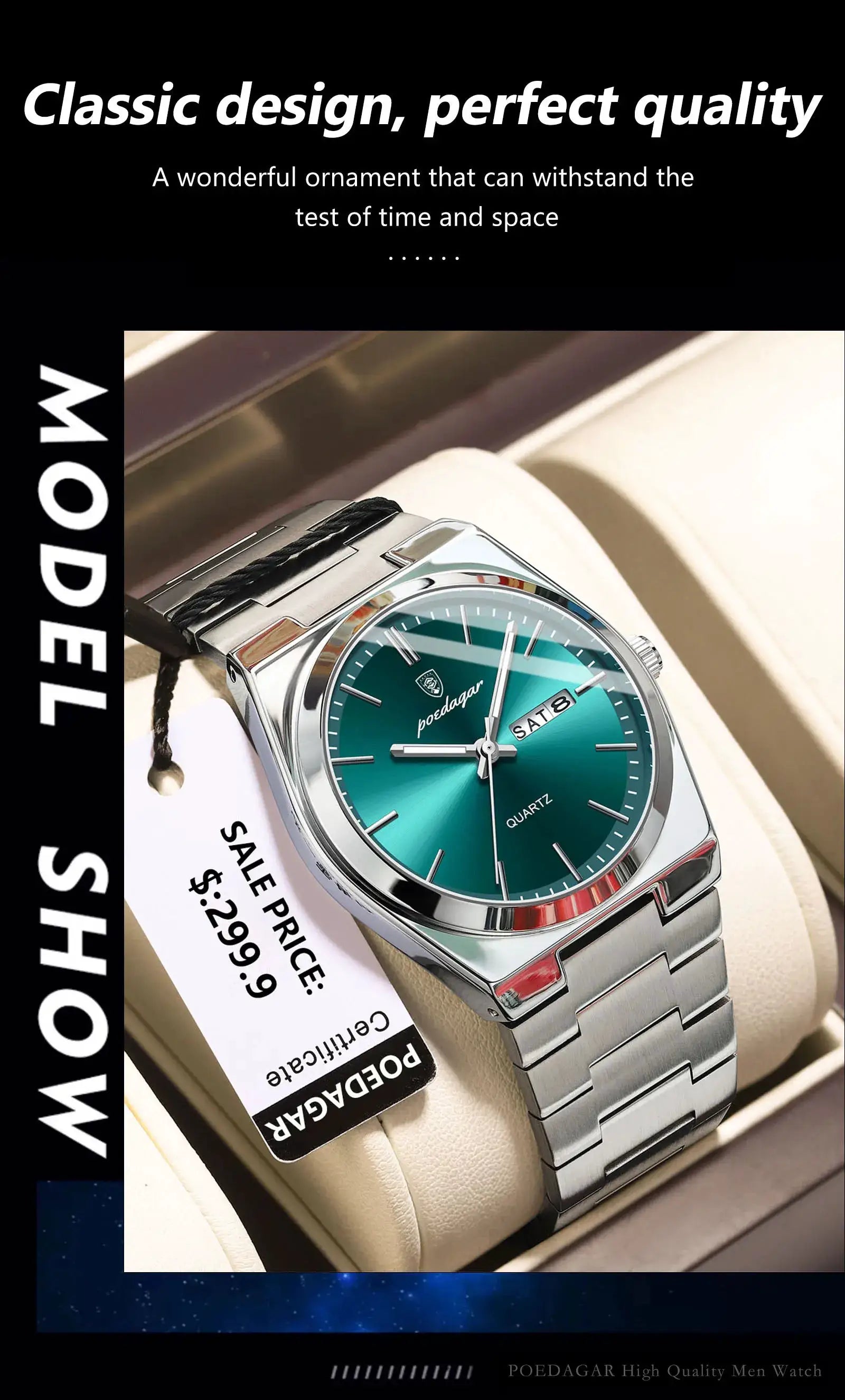 POEDAGAR luxury men's stainless steel wristwatch with teal dial, day-date window, quartz movement
