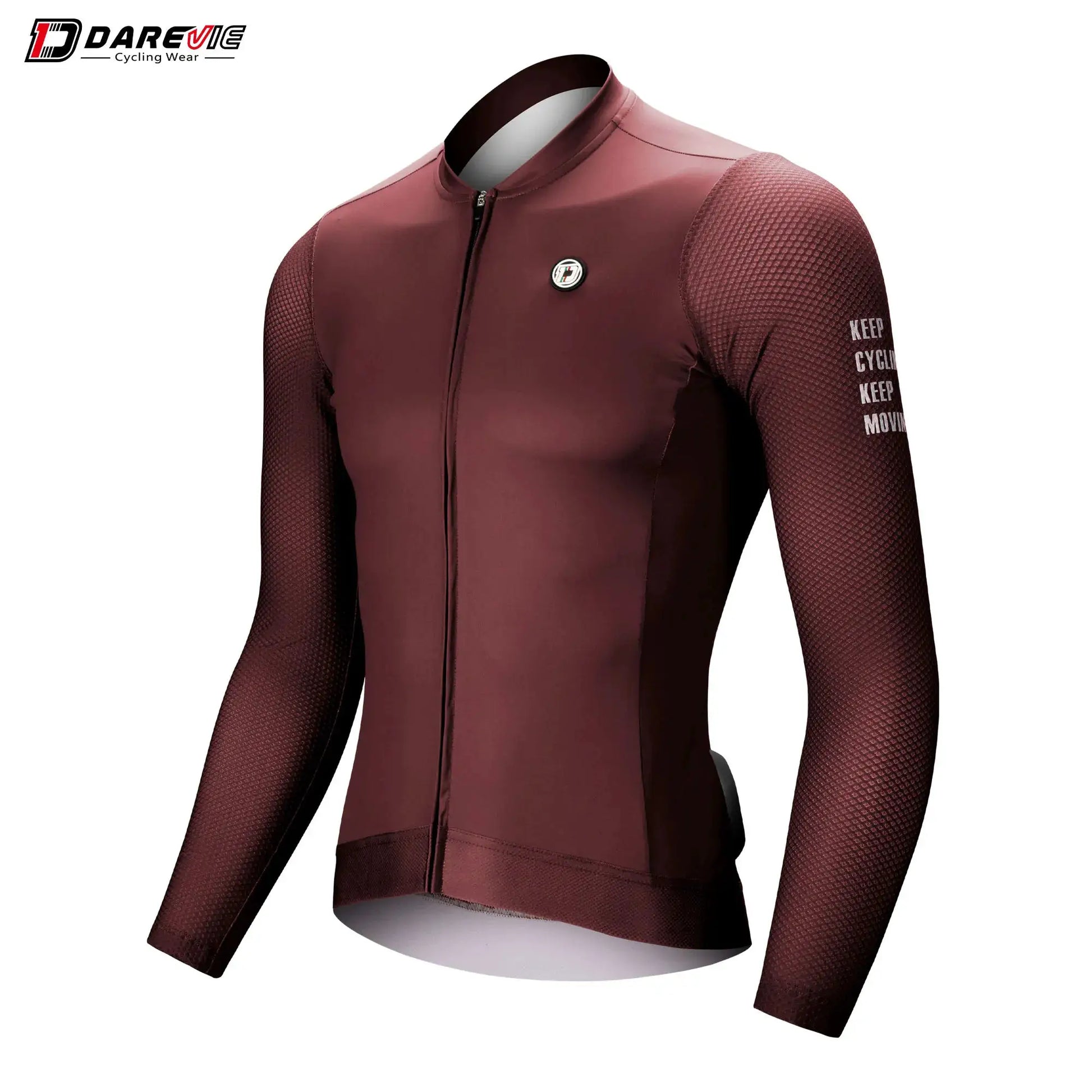 DAREVIE cycling jersey, burgundy long-sleeve with front zip, breathable SPF50+ fabric.