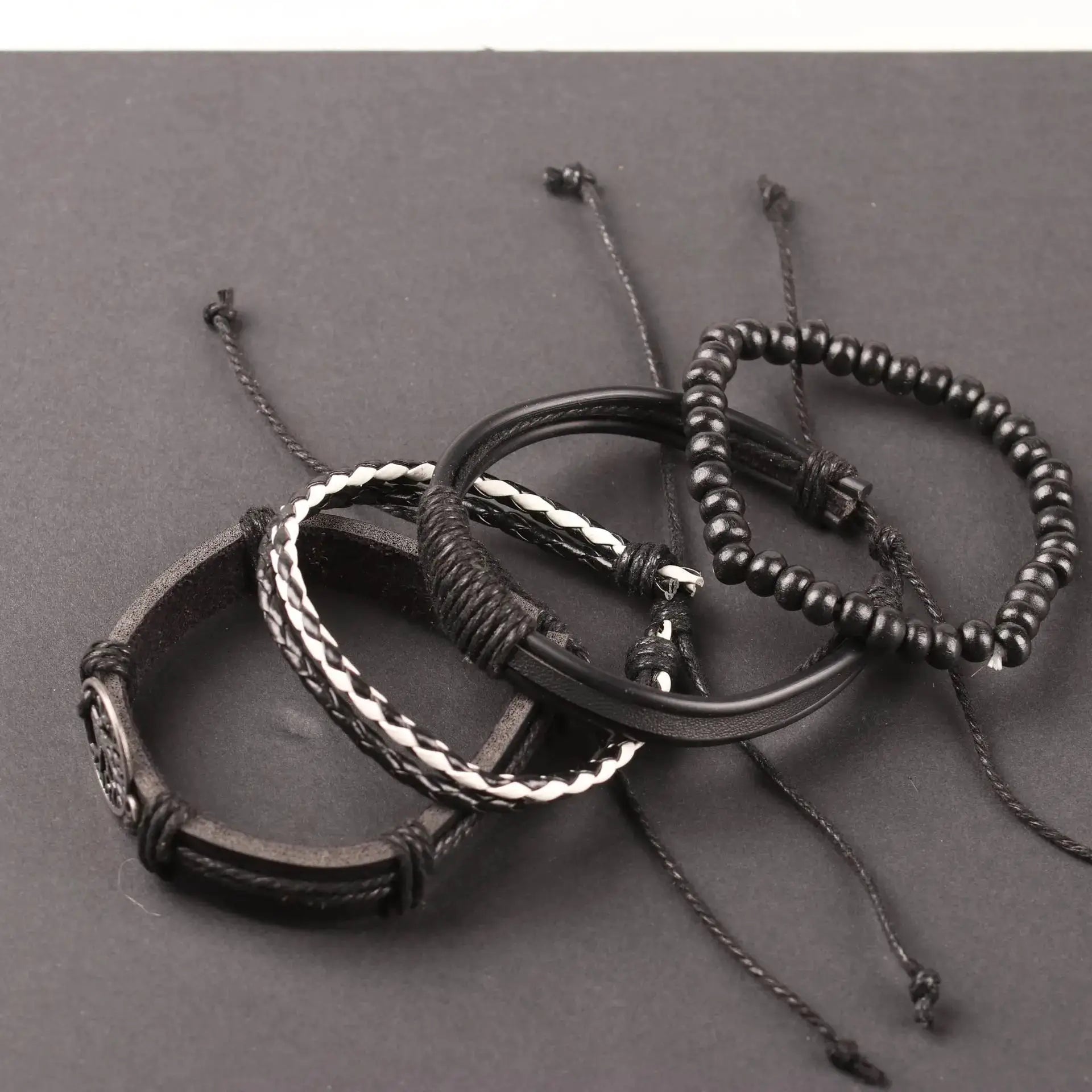 Tree Of Life Four Piece Leather Bracelet Set For Men With Alloy Accents And Wooden Beads Handwoven